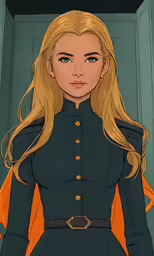 a girl in military uniform with blonde hair and blue eyes
