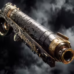 an intricate, elaborate telescope and eyepiece against dark clouds