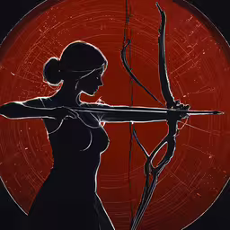 an image of a woman in silhouette aiming,an art drawing of a lady holding a bow and arrow