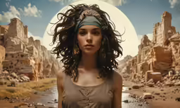 a woman standing on the side of a river with rocks and mountains in the background