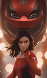 a young woman wearing red gloves standing in front of a robot head