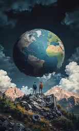 two people on top of a hill surrounded by clouds, while the world is floating in the air