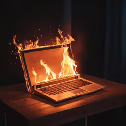 an open laptop in flames with dark background