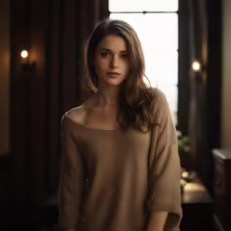 the woman in the brown sweater is standing by a window