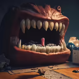 the front teeth of a fake animal jawsed open