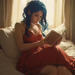 there is a woman wearing a red dress reading a book