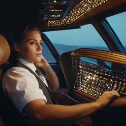 a beautiful woman sitting in a pilot seat inside a plane