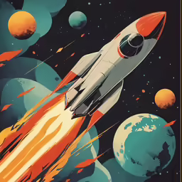 a large poster of a space shuttle going through the space with earth and planets
