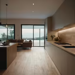a long and tidy living room area with wood flooring