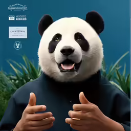 a black and white panda is making the hand sign