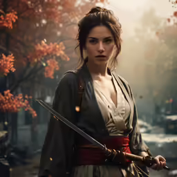 a woman in a costume is holding two sword
