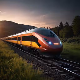 a large long train on a steel track,a red and yellow bullet train traveling through the countryside