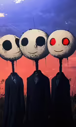three men with red eyes and no head in a row