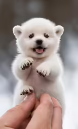 a small white dog is standing on its hind legs