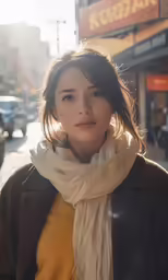 a woman wearing a scarf in a city