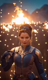 the woman in a blue suit is standing outside with lights on the mountain behind her