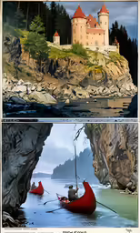 three pictures of a lighthouse on top of a rocky mountain