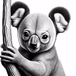 a baby koala is leaning on a stick looking into the camera