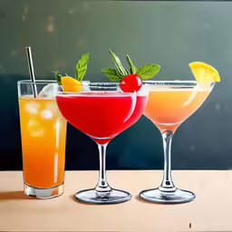 three glasses filled with drinks sitting on a table