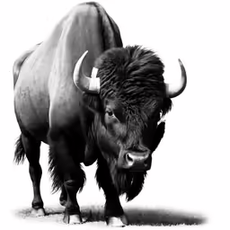 an animal with long horns is standing on the grass