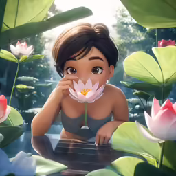 an animated disney princess sitting in lotuses next to a bird