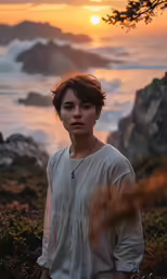 a man with the sun in his eyes standing in front of water