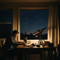 a man looking through the window at a desk with a telescope