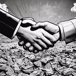 black and white image of two hands shaking hands,two people shaking hands on top of rubble