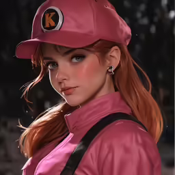 a woman is dressed in a pink uniform and a hat