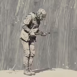 an old man in winter clothes is holding a gun