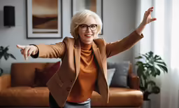 the woman is posing in her living room