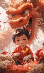 an asian little boy with a big toothy mouth and red clothes