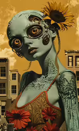 painting of woman with a large mask and some flowers