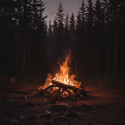 a campfire burning in the dark in a forest