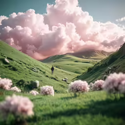 a man and sheep in a green field