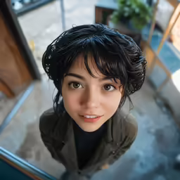 a woman wearing a black shirt looks up with her eyes wide open