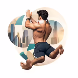 a man flying through the air while wearing swim trunks