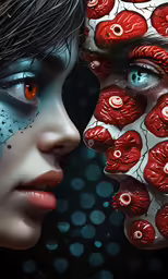 two faces that have red and white objects on them