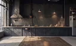 a view of a kitchen that is all wood and some gray