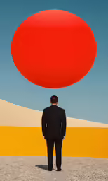 a man standing underneath a red disk in a desert