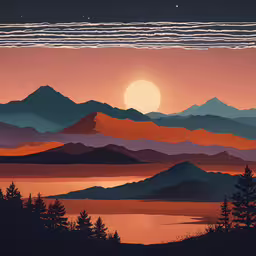 a painting of the sunset with mountains in the background,an artistic painting shows mountains in the distance