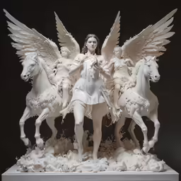 a woman with white wings stands between three white statues