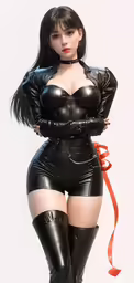 this girl is wearing leather clothing and chains