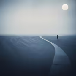 a lone man walking on the edge of a vast expanse