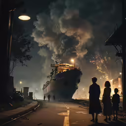 a large ship in the water surrounded by fireworks