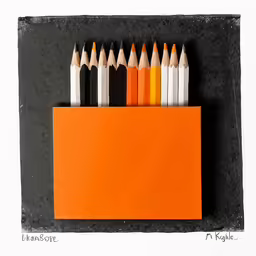 orange book with 12 pencils sticking out of the front