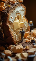a small man working inside of a bread filled with cheese