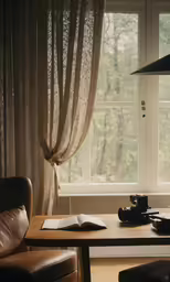 a table that has a chair, light and books on it