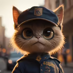 a small kitten wearing a blue jacket and hat