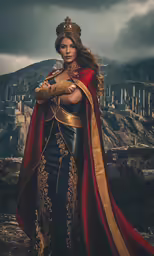 a beautiful woman in a golden and blue outfit